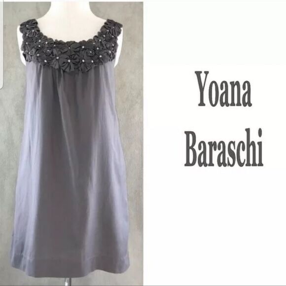 Giana Baraschi Anthropologie Gray Sleeveless Flower Silk Cotton Shift Dress Sz M - Picture 1 of 12